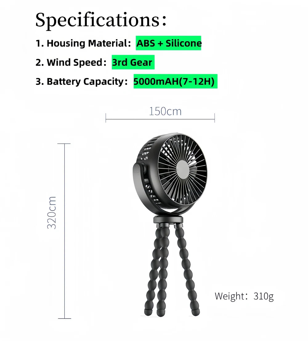 Rechargeable Tripod Fan 5000mAh Portable 3 Speed Desk Fan USB-C Cordless - Black