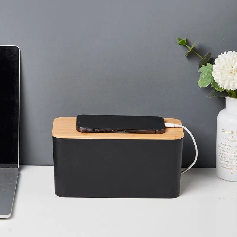 Cable Management Box Bamboo Cover Cord Organiser Power Board Storage - Large