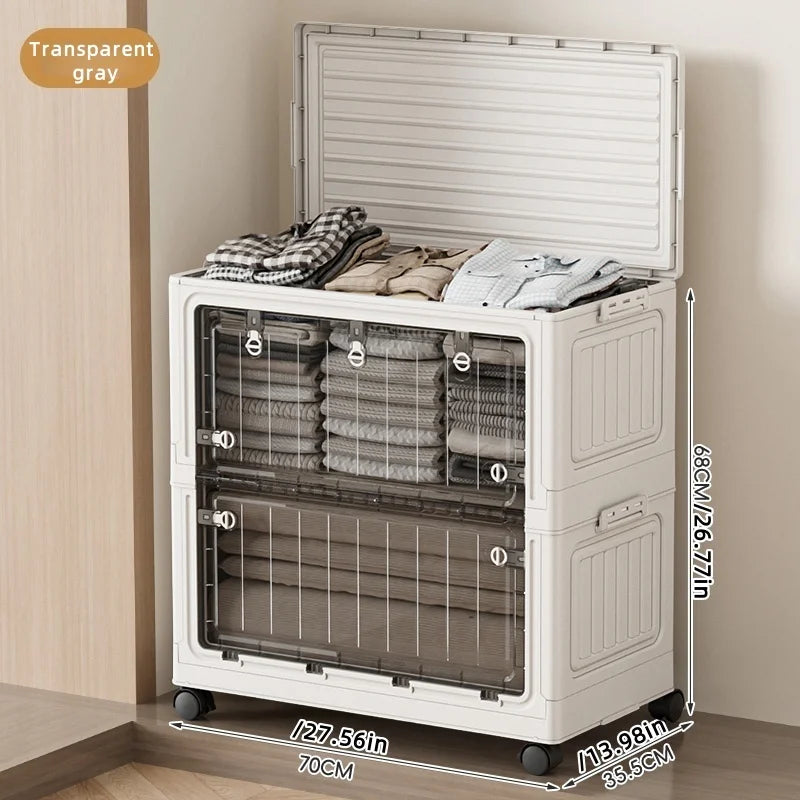 Foldable Storage Bin 70cm Large Capacity Transparent Organizer with Wheels - Clear
