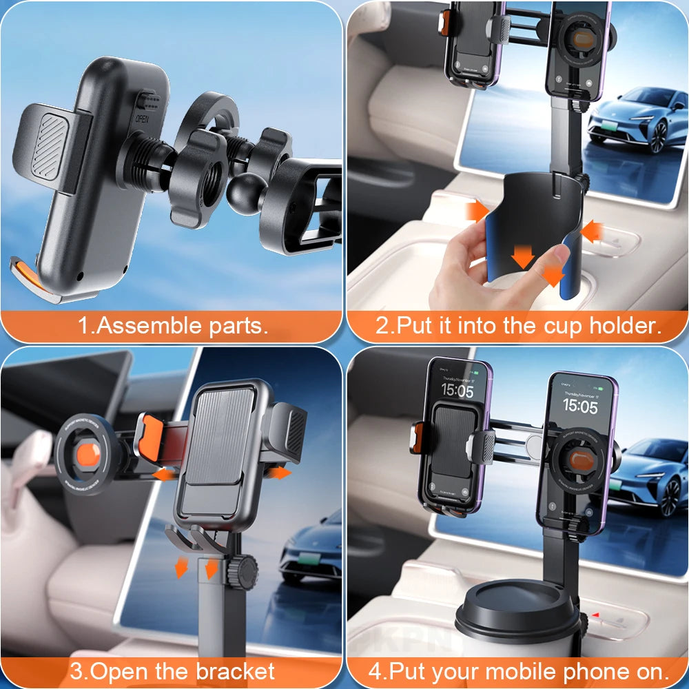 Phone Holder Dual Cup Holder Mount 360° Rotating Foldable Adjustable Vehicle Stand - Black