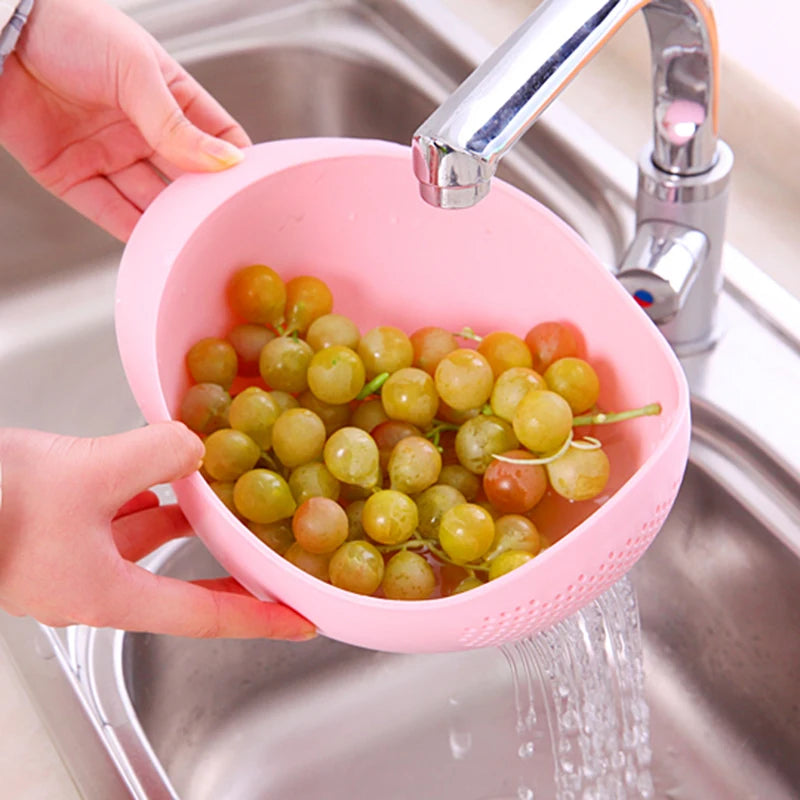 Kitchen Rice Sieve Drain Basket 22cm Vegetable Fruit Washing Strainer With Handle - Pink