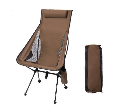 Portable Folding Camping Chair with Headrest Aluminum Alloy Outdoor Fishing Chair - Brown