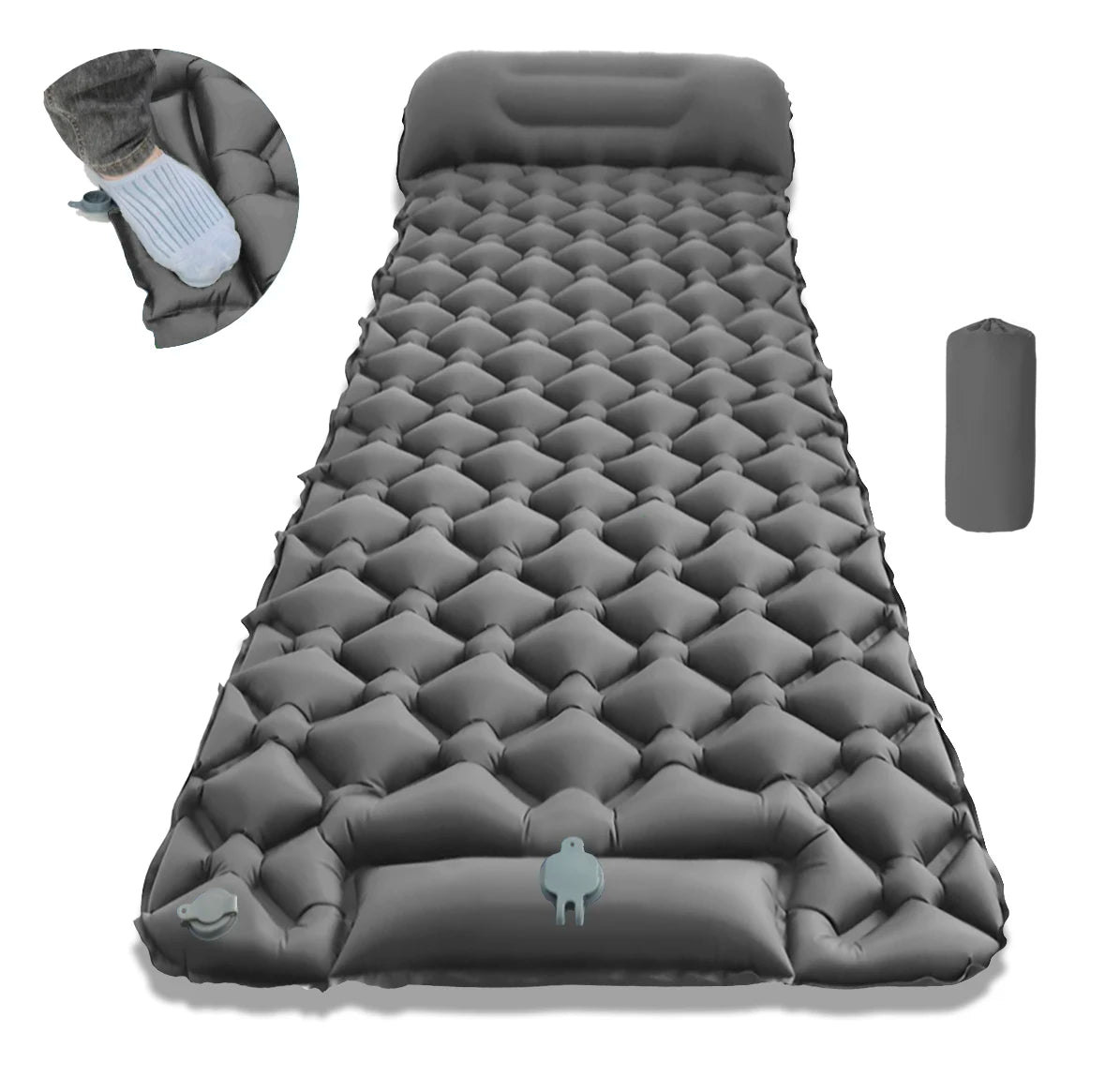 Camping Sleeping Pad Inflatable Mattress 190cm Ultralight Air Bed with Built in Foot Pump - Gray