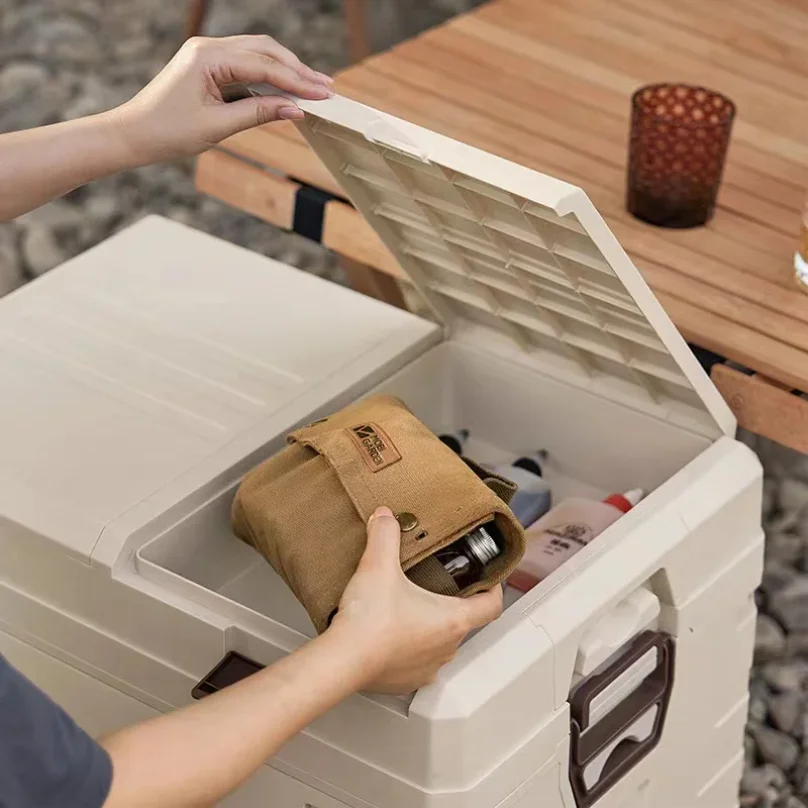 35L Foldable Camping Storage Box Portable Car Organizer with Wooden Lid and Carry Handles