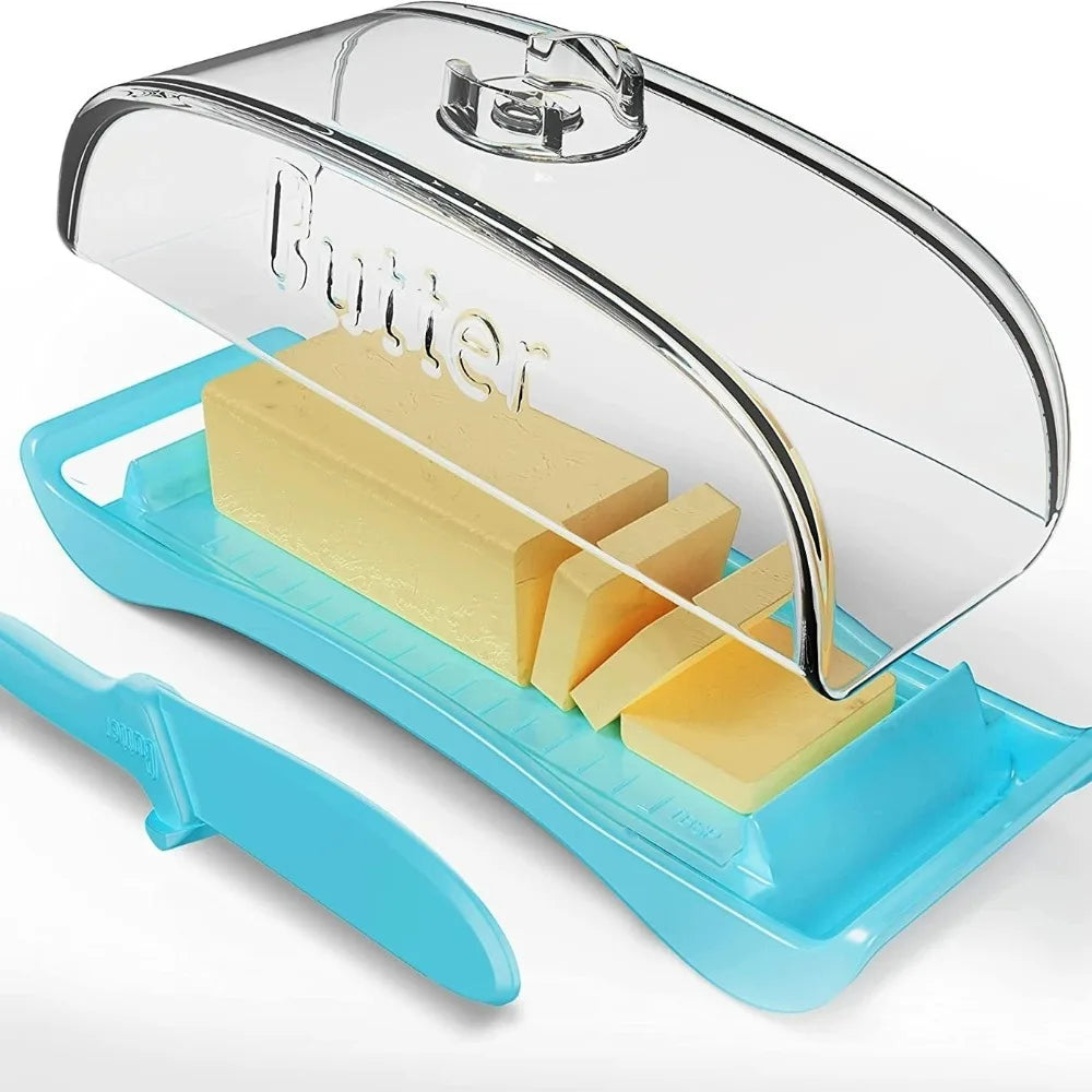 Butter Dish with Lid and Spreader Knife Plastic Butter Storage Container with Measurement Guide – Blue