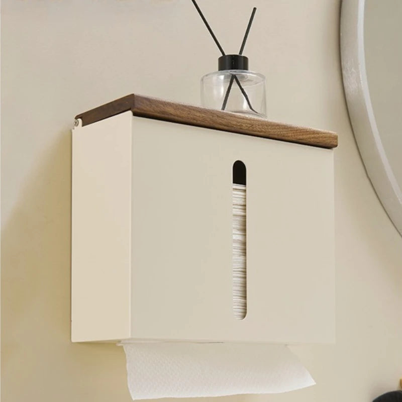 Portable Wooden Wall Mounted Large Toilet Tissue Holder Storage Box, Cream Bathroom Organizer