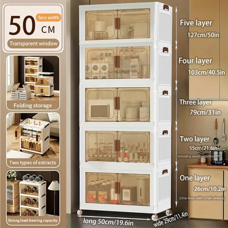 Foldable Storage Cabinet 4 Tier 50 cm Stackable Bins with Clear Doors and Wheels