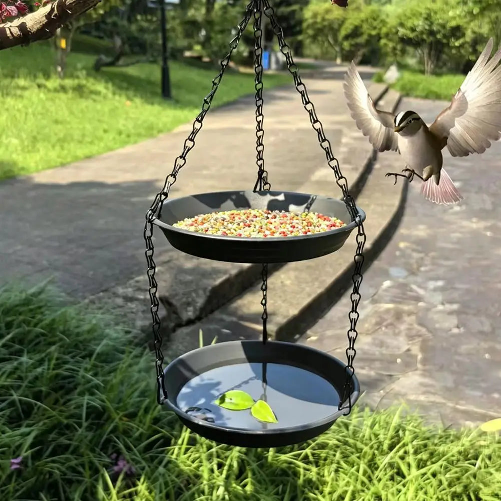 Outdoor Hanging Bird Bath and Double-Tier Bird Feeder Dish with Water Bowl and Chain – Yellow
