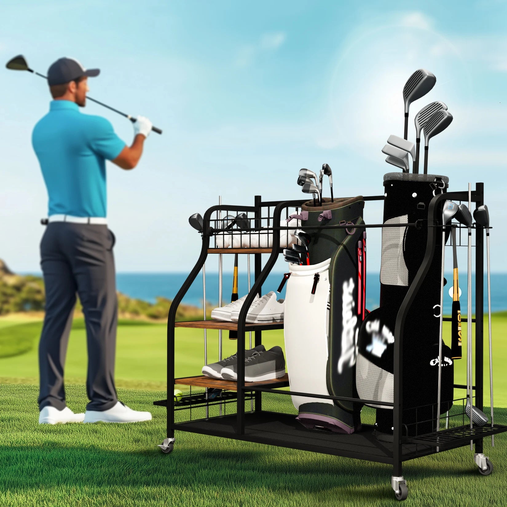 Rolling Golf Bag Organizer Rack with Shelves Sports Equipment Storage Stand on Wheels – Black