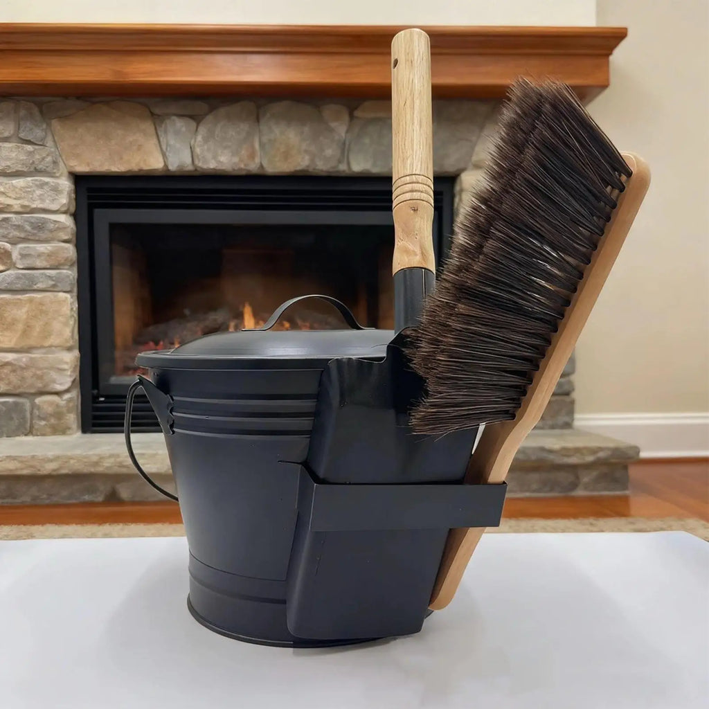 Ash Bucket 18cm Metal Fireplace Collection Can with Lid Shovel and Broom Set