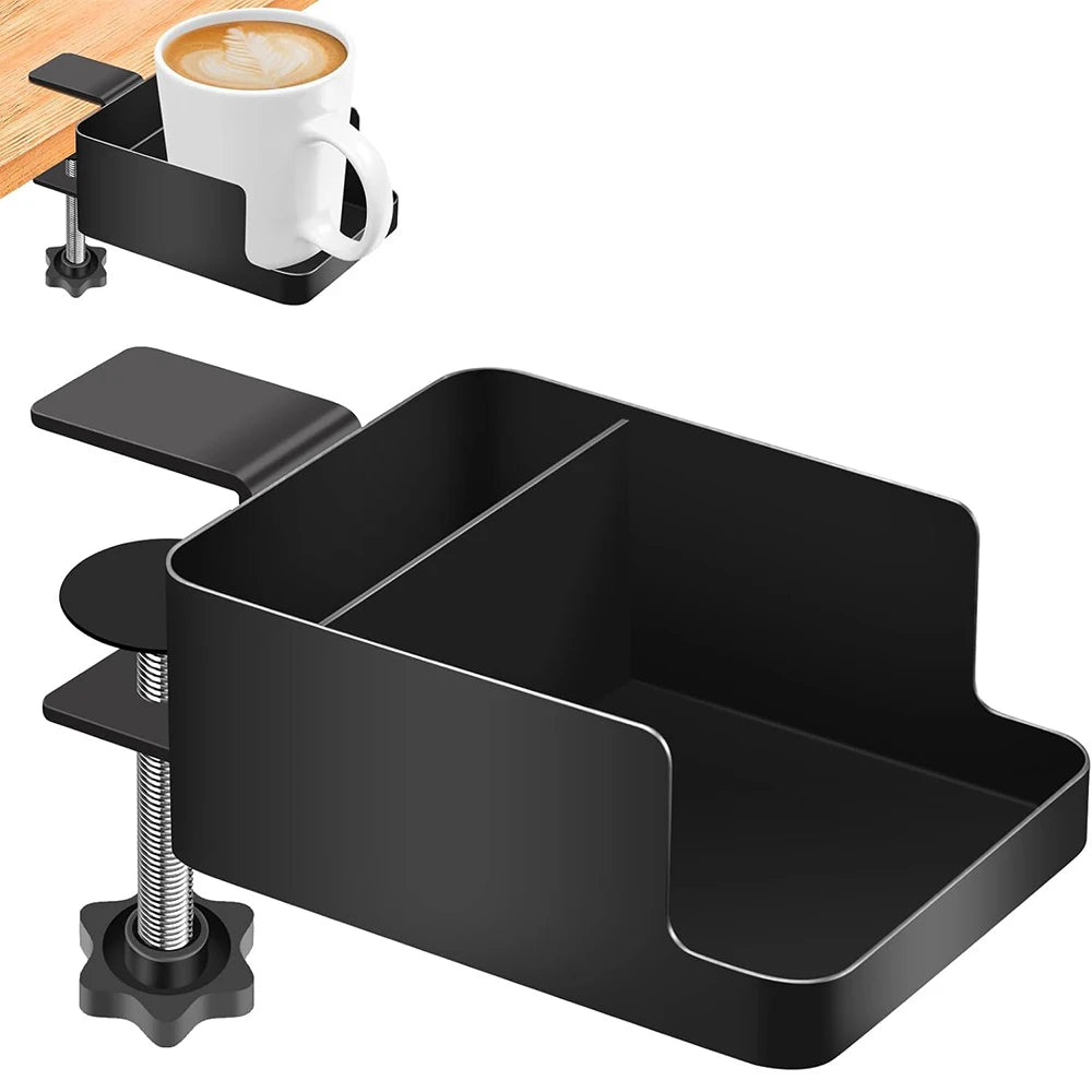 Under Desk Storage Cabinet with Cup Holder and Phone Stand Clamp-On Desk Organizer No Drill Installation – Black