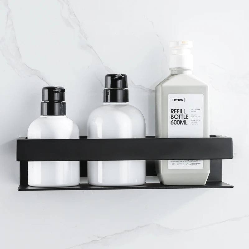 Shower Shelf 50cm Wall Mounted Bathroom Storage Rack Aluminum Shelf with Stainless Steel Bar Black