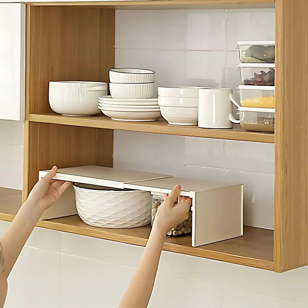 Expandable Cabinet Shelf Adjustable Countertop Storage Rack Space Saving Kitchen Organiser Bamboo Style