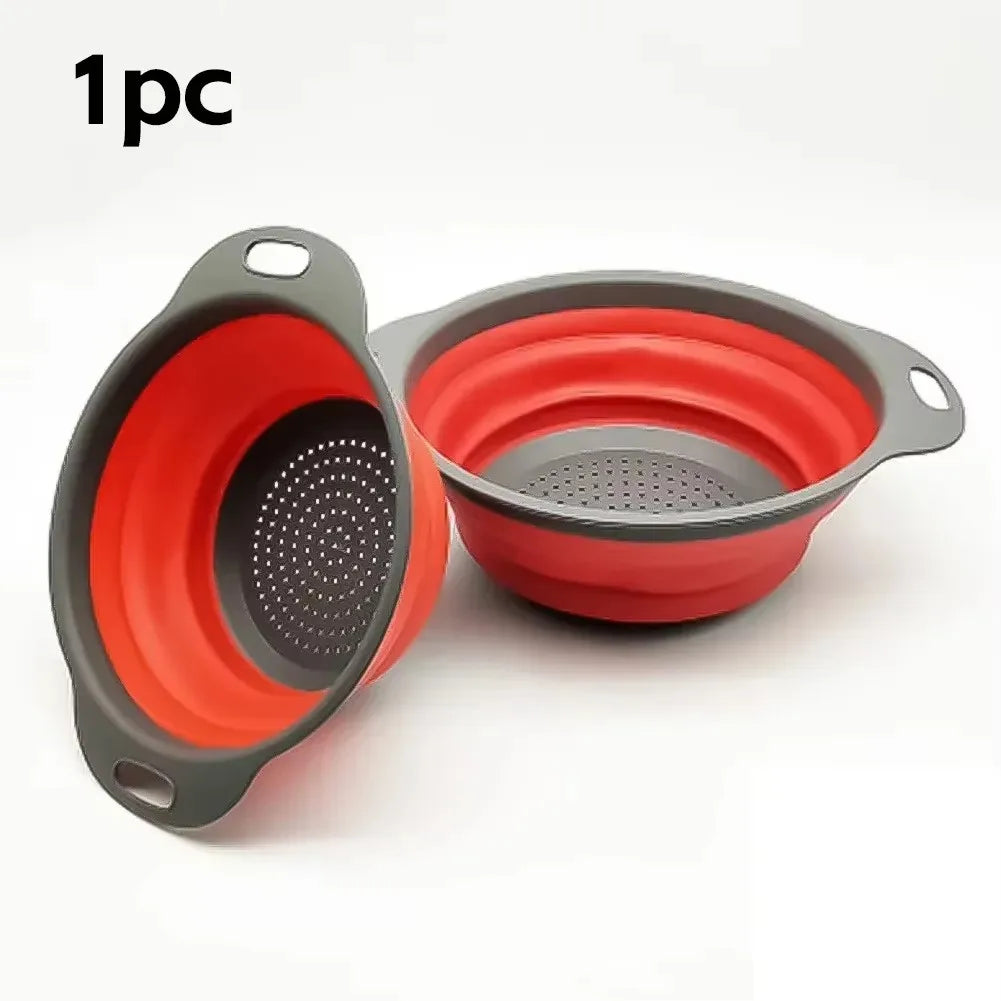 Collapsible Silicone Colander Foldable Fruit Vegetable Drain Basket 30cm Kitchen Strainer – Red