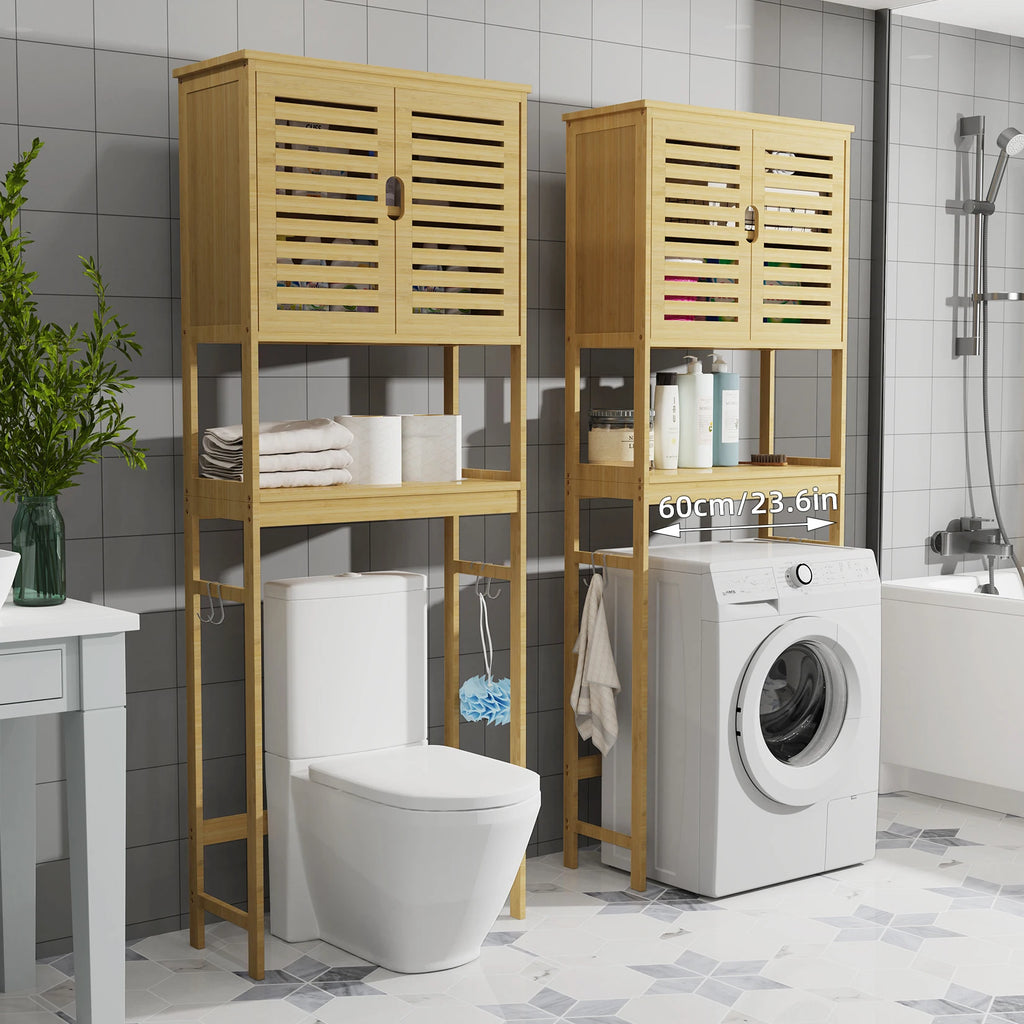 Over the Toilet Storage Cabinet with Adjustable Shelves Freestanding Bamboo Bathroom Organizer – Natural Wood