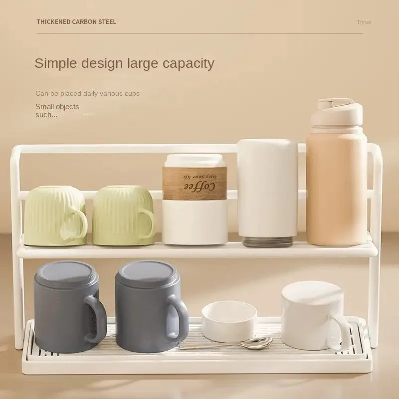 Cup Organizer 2 Tier Waterproof Countertop Storage Rack with Drain Tray Mug Holder - Black