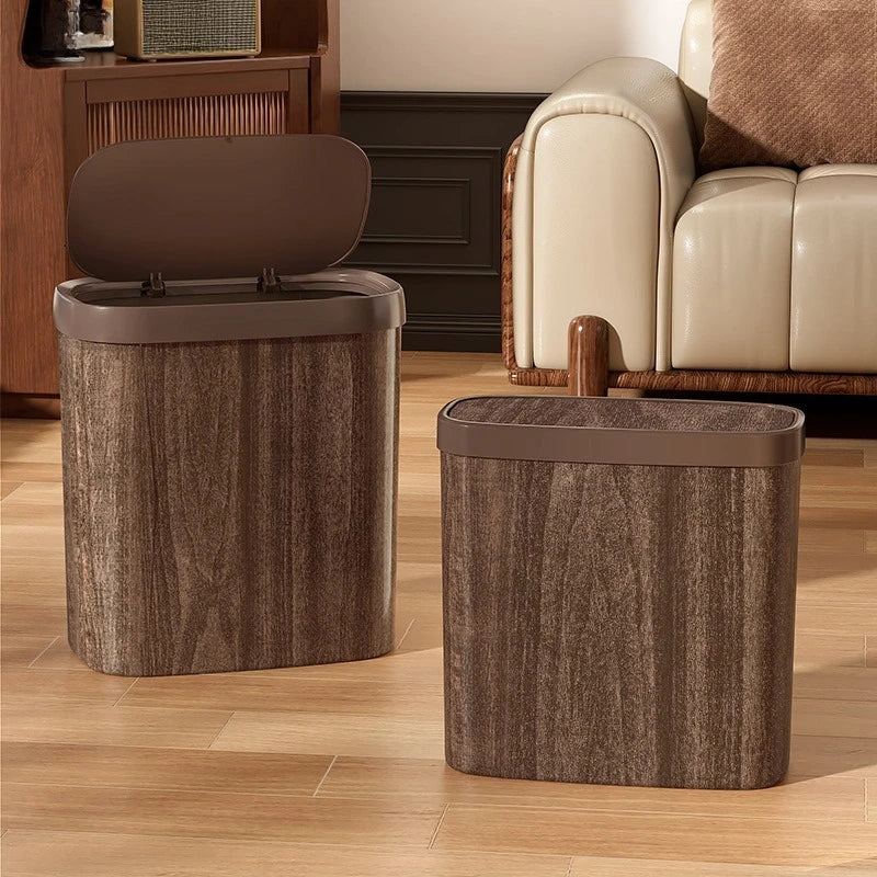 Slim Trash Can Wood Grain Design Swing Lid Compact Garbage Bin for Bathroom Kitchen Coffee