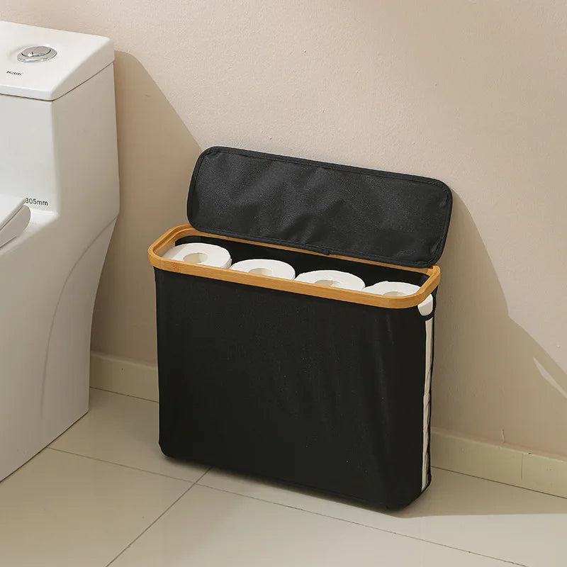 Toilet Paper Storage Basket Foldable Fabric Organizer with Transparent Window and Lid - Black