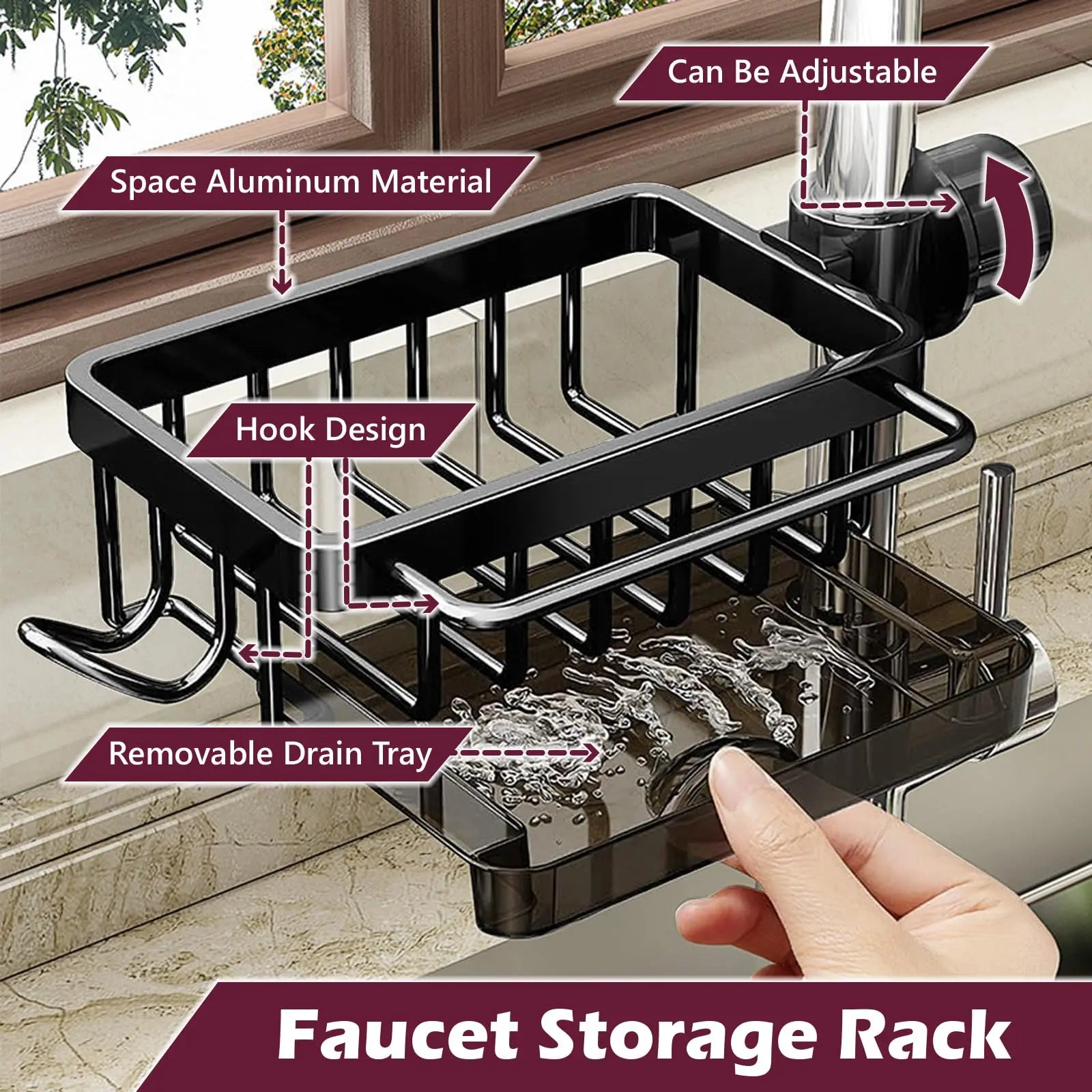 Kitchen Sink Faucet Organizer 3-in-1 Sponge Holder Storage Rack with Drain Tray and Towel Bar – Silver