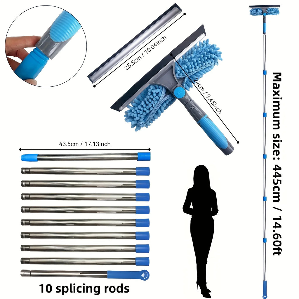 Window Cleaning Kit 2 in 1 Squeegee Microfiber Cleaner with 430cm Extension Pole Blue
