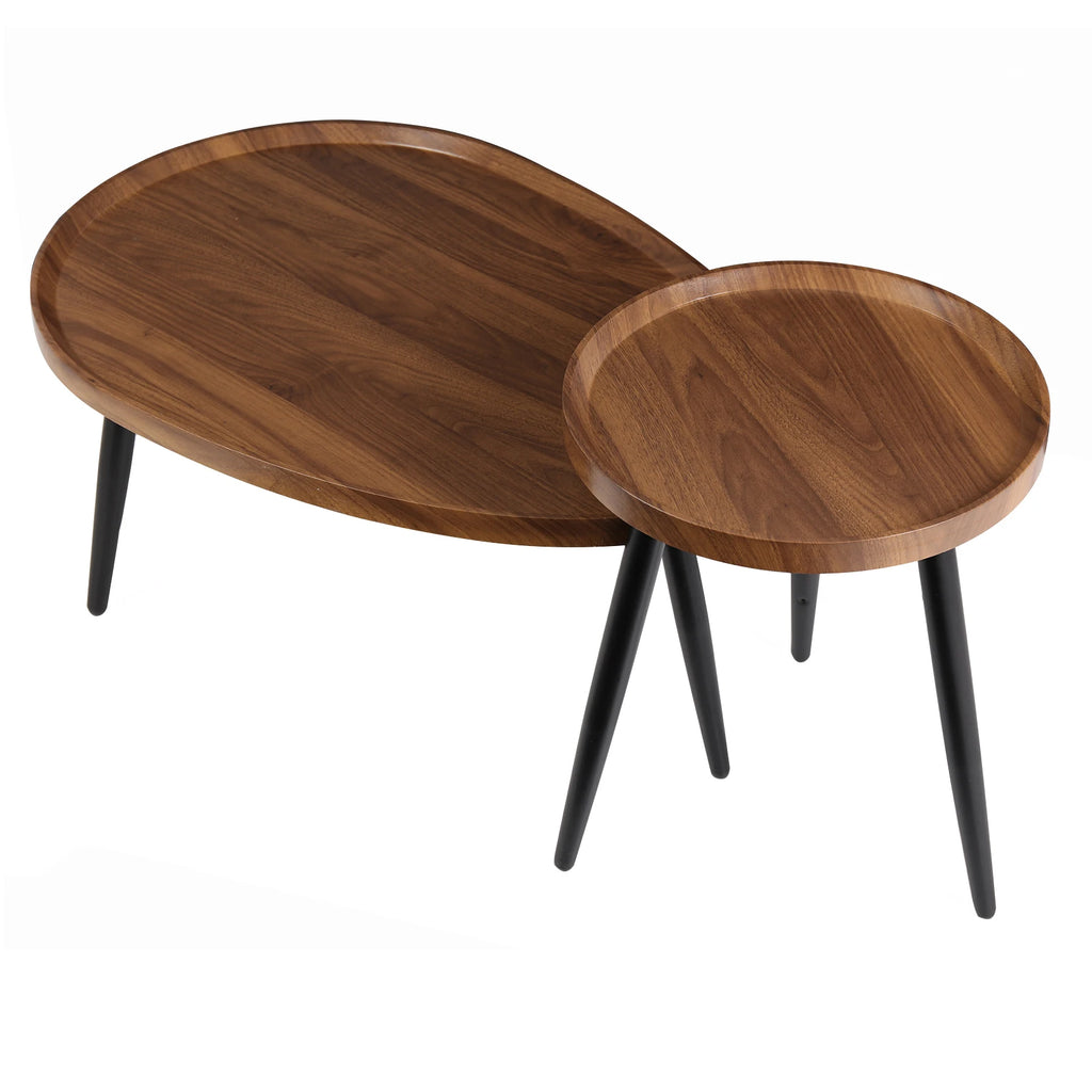 Set of 2 Nesting Coffee Tables Round Rustic Side Tables with Wood Top and Metal Legs – Chocolate