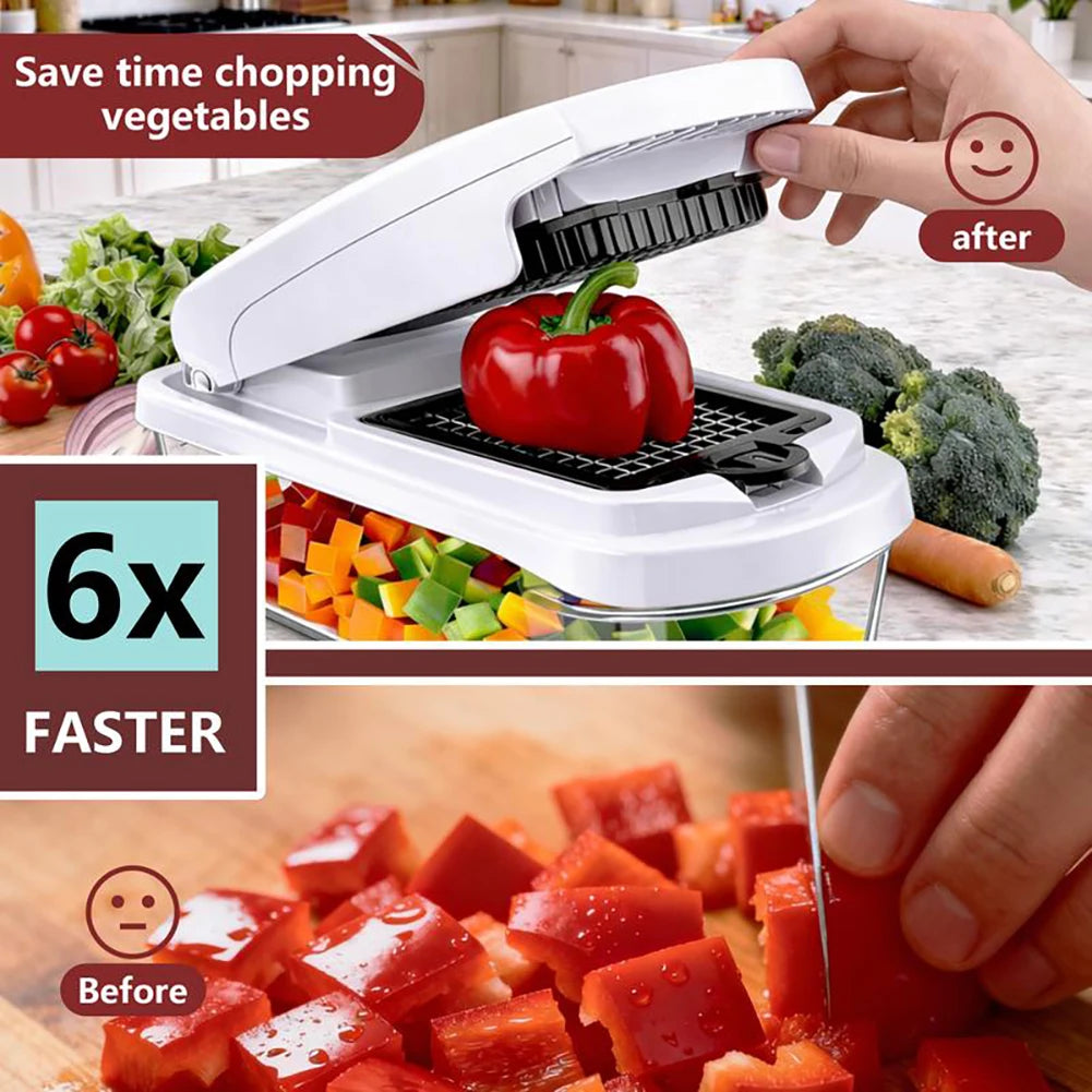 Vegetable Chopper 15 in 1 Multifunction Food Cutter with 8 Interchangeable Blades Container – White