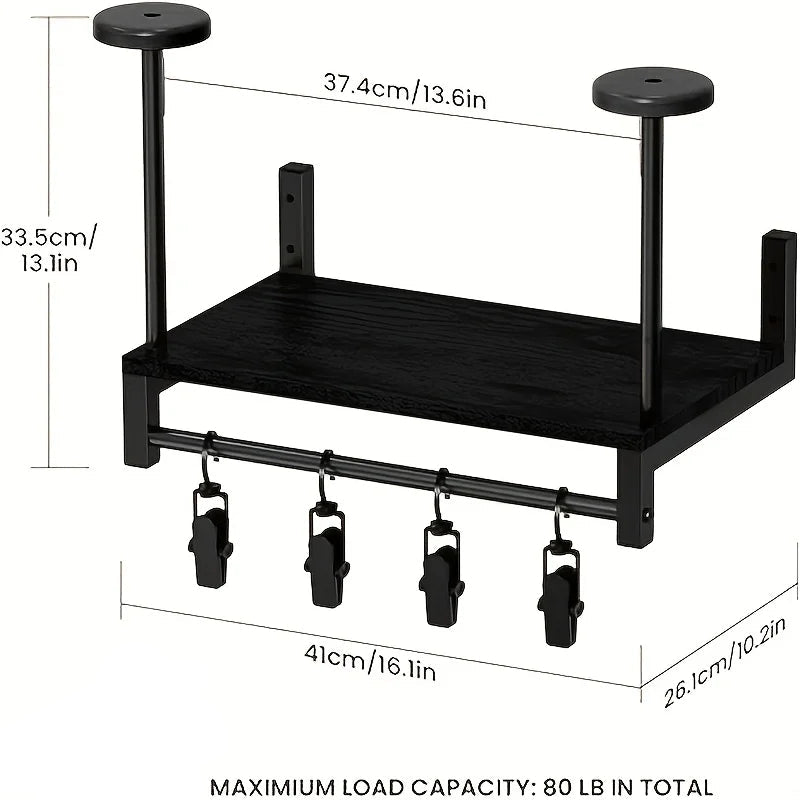 Motorcycle Helmet Wall Mount Wooden Shelf with Adjustable Hooks Storage Rack - Black