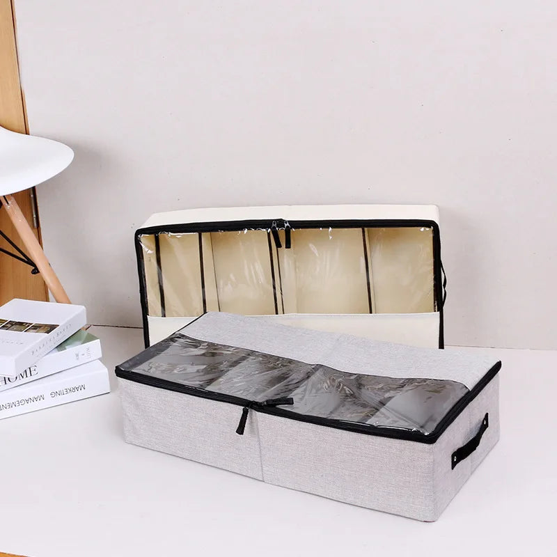 Shoe Storage Box 18 L Foldable Fabric Organiser with Lid and Grid - Light Grey