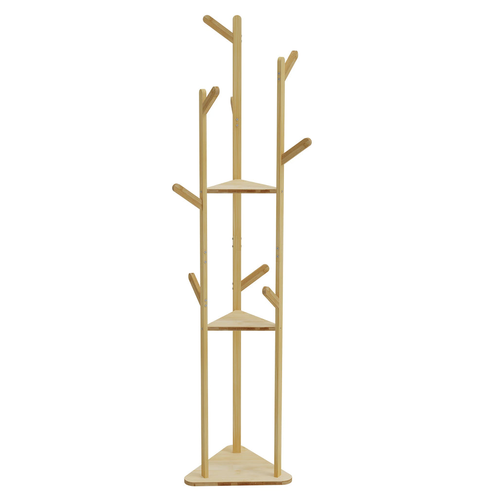 Bamboo Corner Coat Rack with Shelves Freestanding Clothes Hanger Tree Stand with 9 Hooks – Natural Wood