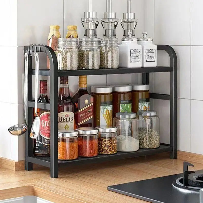 Kitchen Bench Shelf 2 Tier Iron Countertop Storage Rack Organiser - Teak