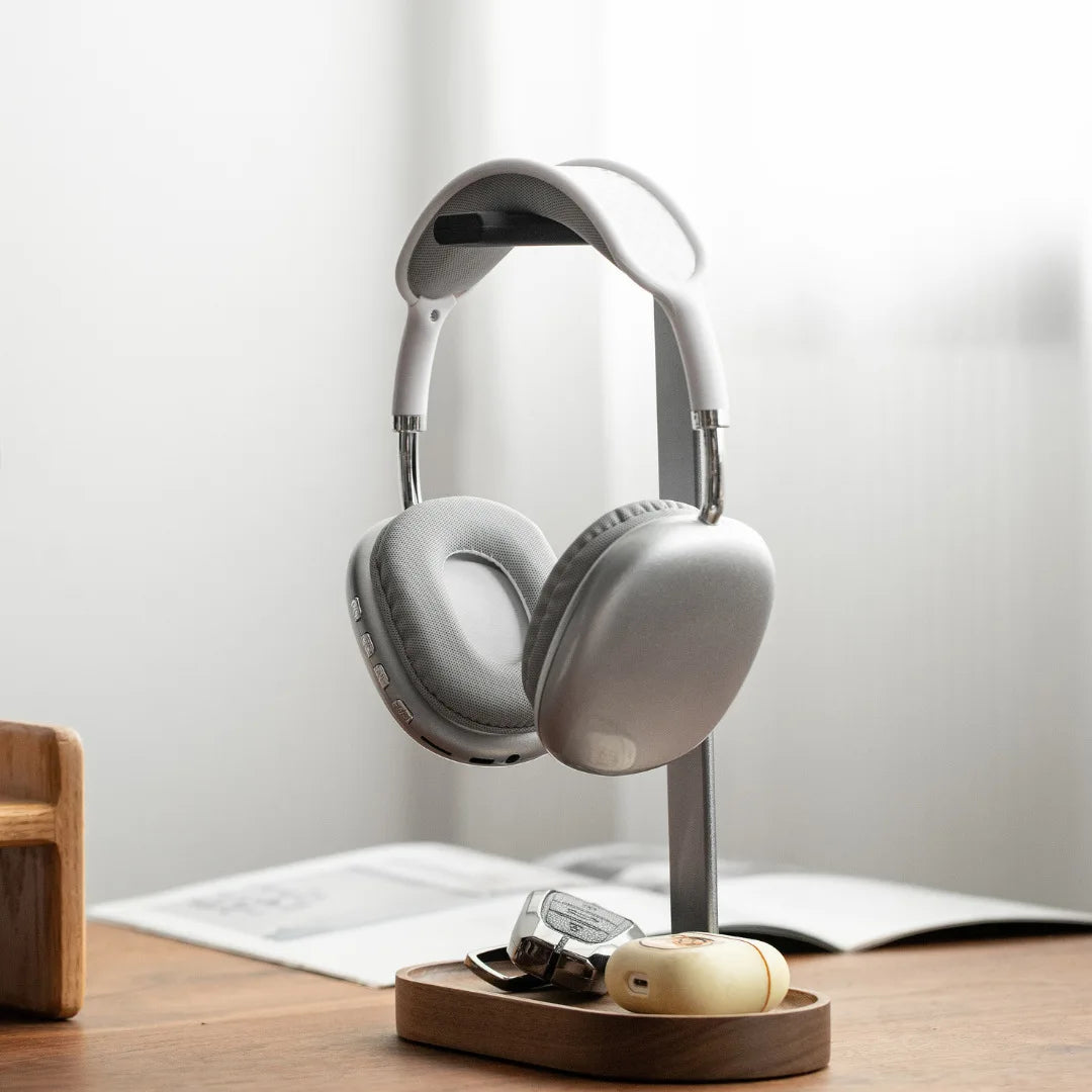 Wooden Headphone Stand with Storage Tray Desktop Headset Holder for Gaming Headphones and Accessories – Walnut