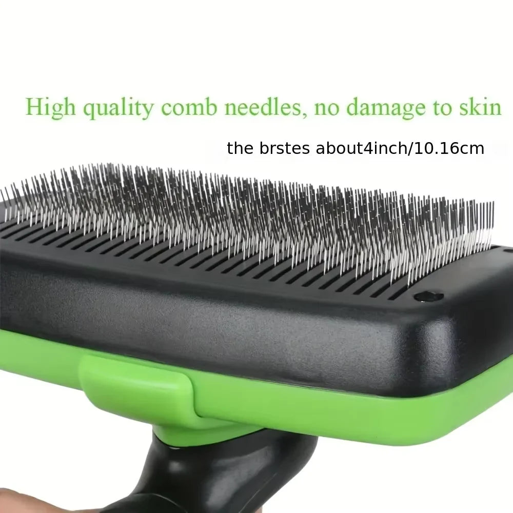 Pet Grooming Brush Self Cleaning Shedding Comb 60° Curved Bristles Ergonomic Handle - Green