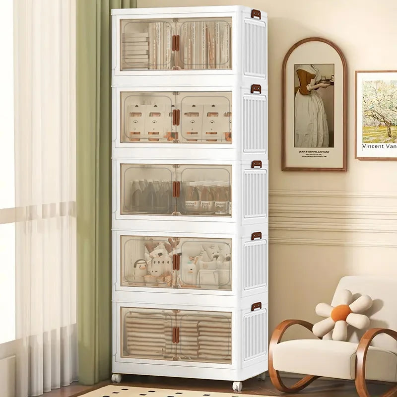 Foldable Storage Cabinet 4 Tier 50 cm Stackable Bins with Clear Doors and Wheels