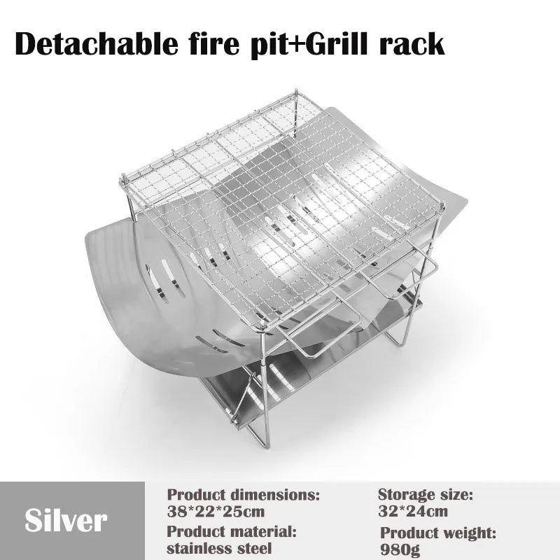 Portable Fire Pit Grill 32cm Foldable Stainless Steel Wood Burning BBQ Stove