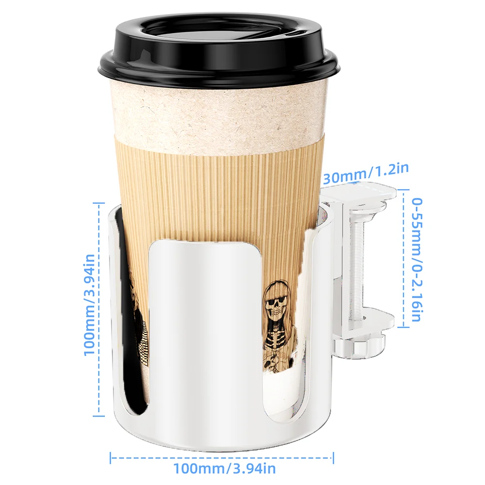 Clamp-On Desk Cup Holder No Drill Drink Cup Organizer for Coffee Mugs and Water Bottles – White