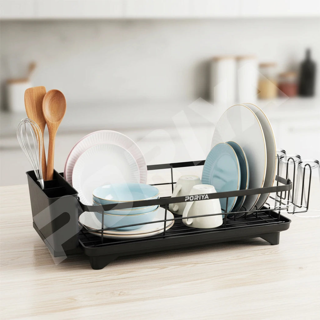 Dish Drying Rack 2 Tier Carbon Steel Dish Drainer with Auto Drain Spout Kitchen