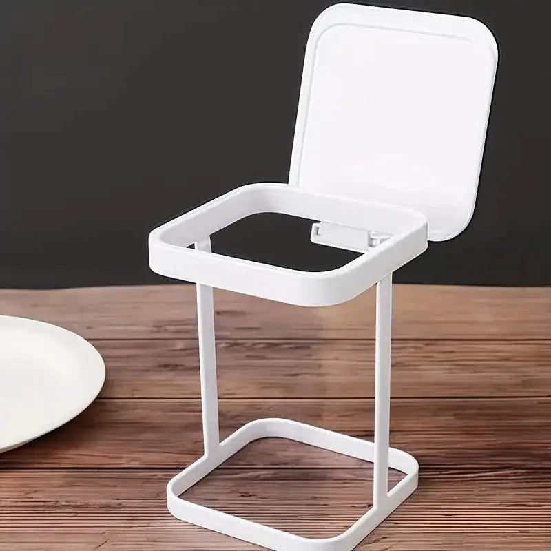 Foldable Mini Trash Bag Holder Portable Desktop Kitchen Food Waste Bin with Lid – White