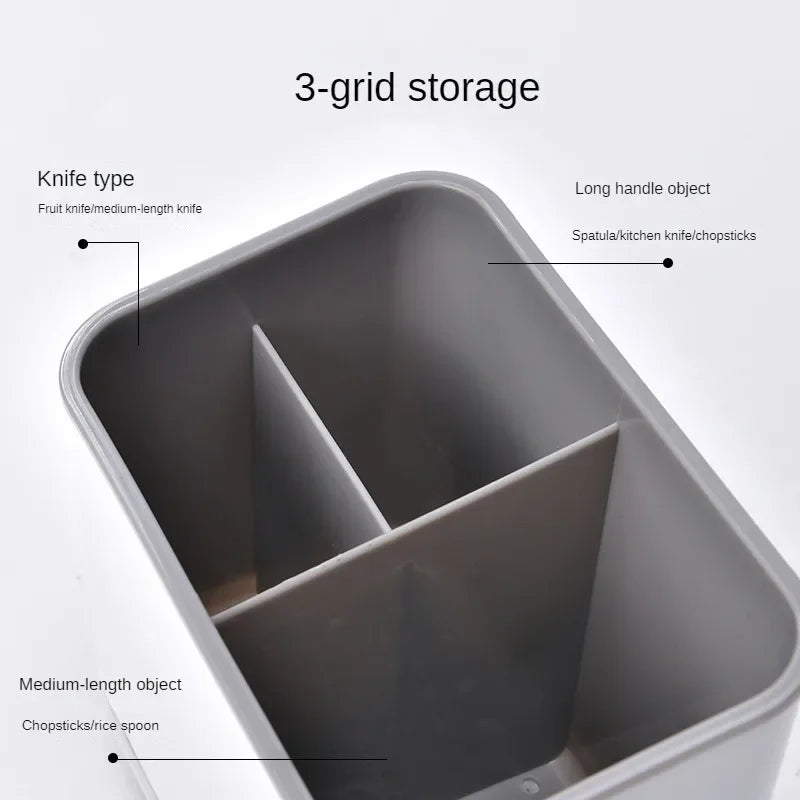 Cutlery Holder 3 Compartment Kitchen Utensil Storage Rack Drain Basket Countertop Organiser – Black