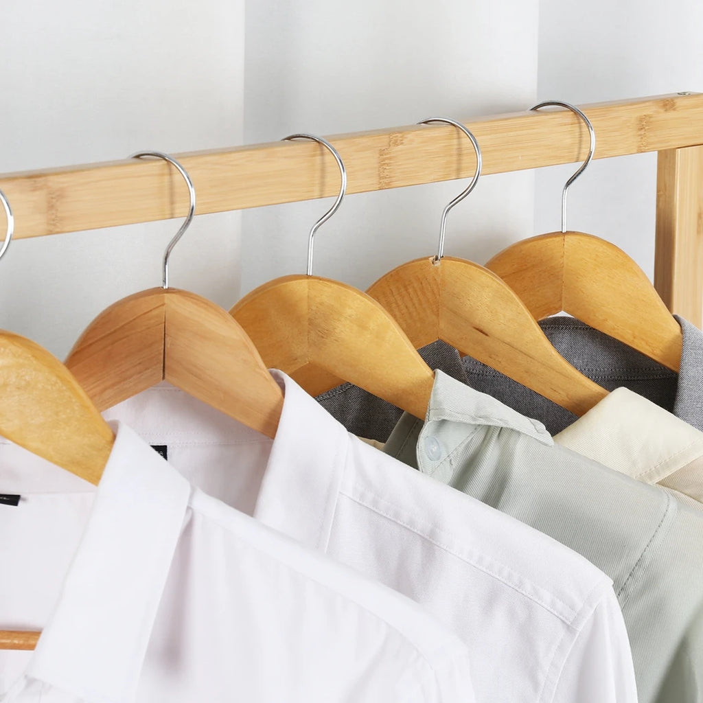 Double Rod Bamboo Clothes Rack with Rolling Wheels Freestanding Garment Stand with Storage Shelf – Natural Wood