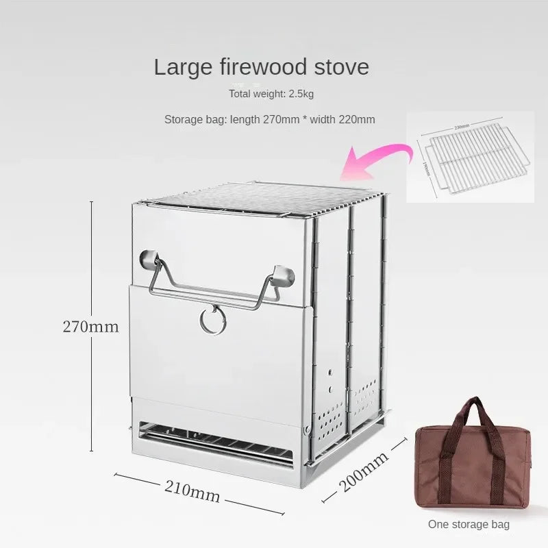 Camping Wood Stove Foldable Stainless Steel Portable Outdoor Cooker - Large