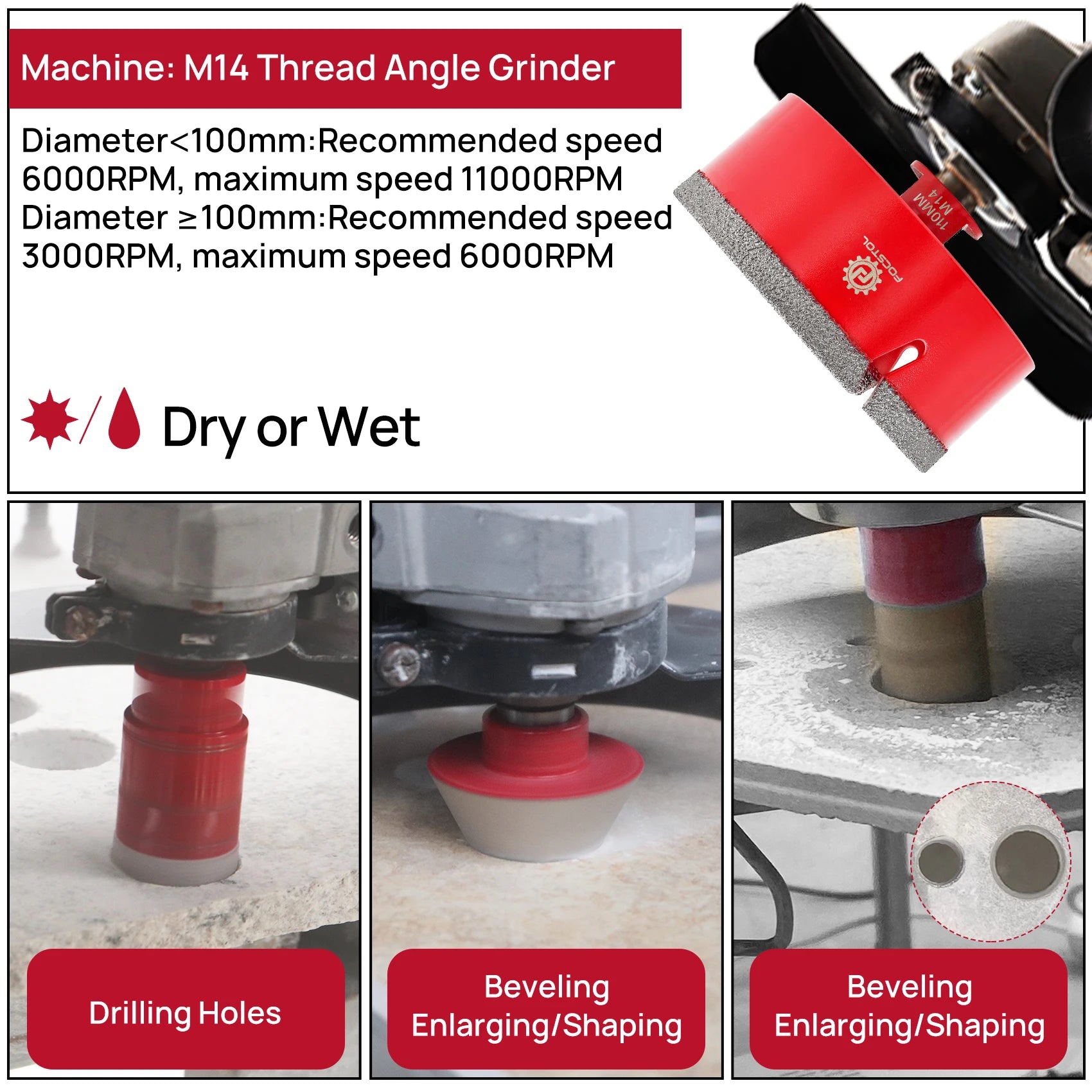 Diamond Drill Bit Set 10 Piece Hole Saw Kit M14 Thread for Tile Granite Marble – Red