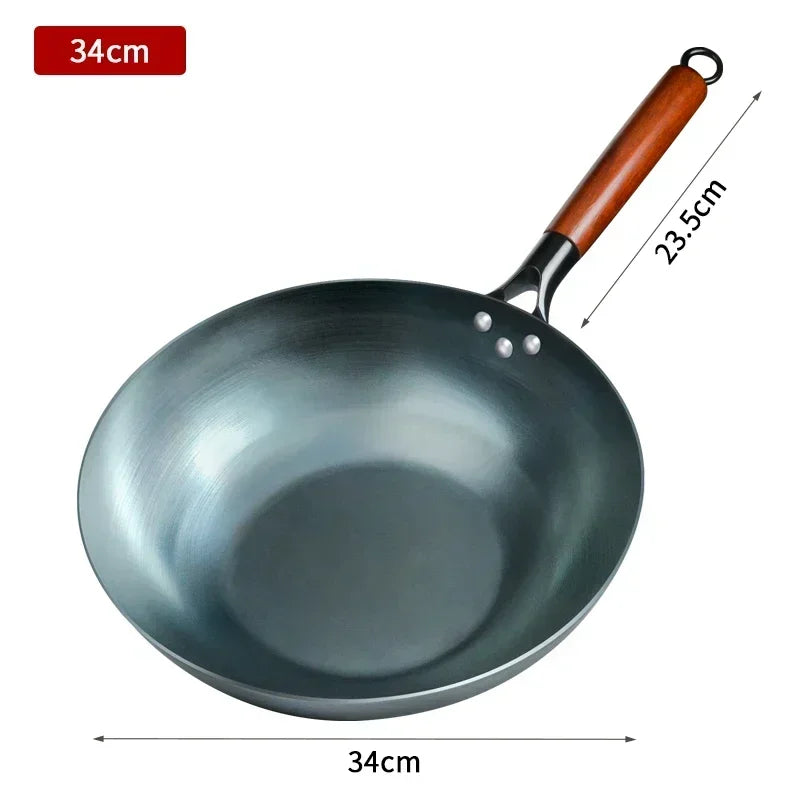 Flat Bottom Blue Iron Wok Pan 34cm Traditional Non-Coated Stir Fry Pan for Gas and Induction Cooktops