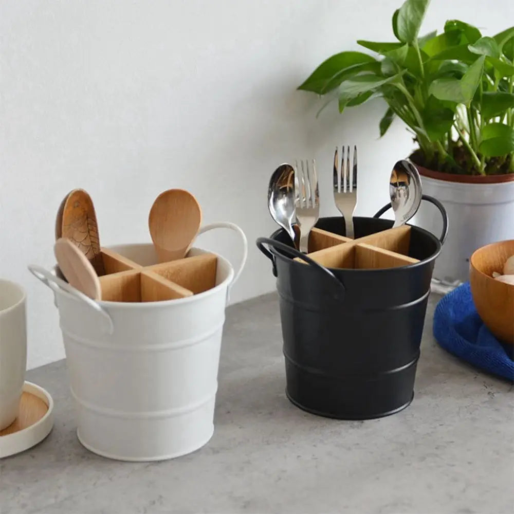 Kitchen Utensil Holder Cutlery Organizer Storage Rack with Bamboo Divider for Spoons Chopsticks and Cooking Tools – White