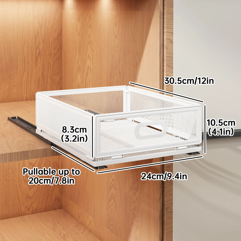 Pull-Out Metal Under Sink Storage Basket with Slide Rail, No-Drill Cabinet Organizer - White