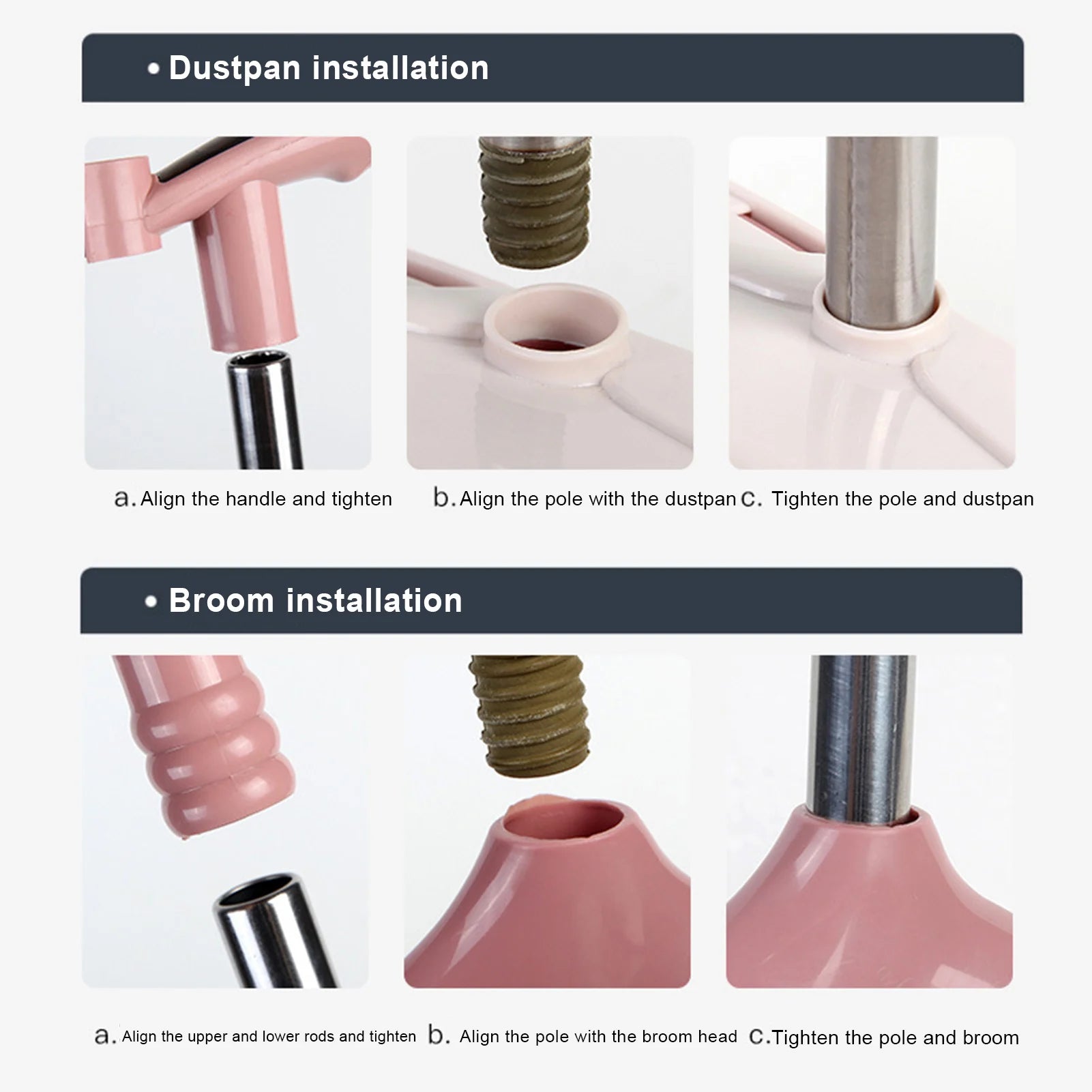 Broom and Dustpan Set Long Handle Folding Dustpan Stand-Up Storage Cleaning Tool Pink