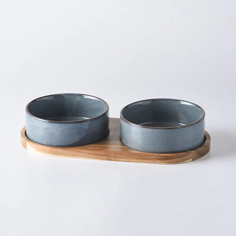 Ceramic Double Pet Feeding Bowl 850ml Raised Wooden Stand Anti-Spill Food Water Dish 15.5cm - Pink