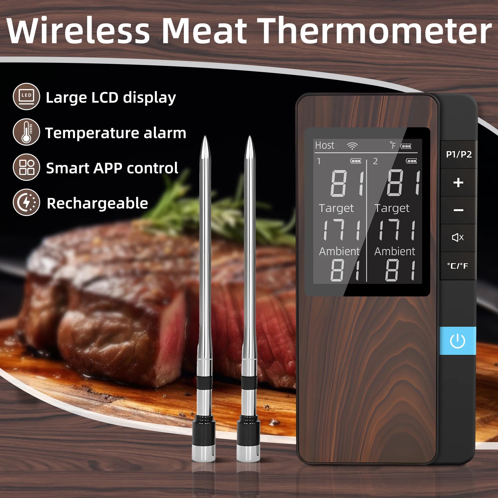 Wireless Meat Thermometer 2 Probe Digital Bluetooth with LCD Screen Rechargeable for BBQ Oven Rotisserie