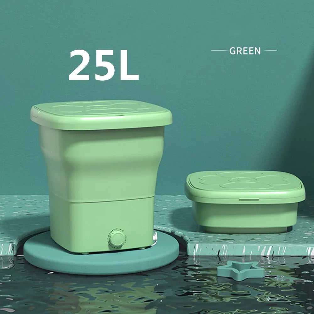 25L Large Portable Folding Washing Machine with Dryer – Mini Travel Laundry Bucket for Clothes, Socks, Underwear – Green
