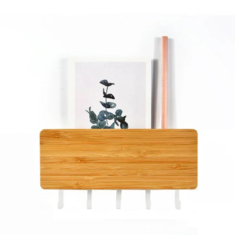 Wall Mounted Bamboo Key Holder Rack with 6 Hidden Hooks Entryway Organiser – Black