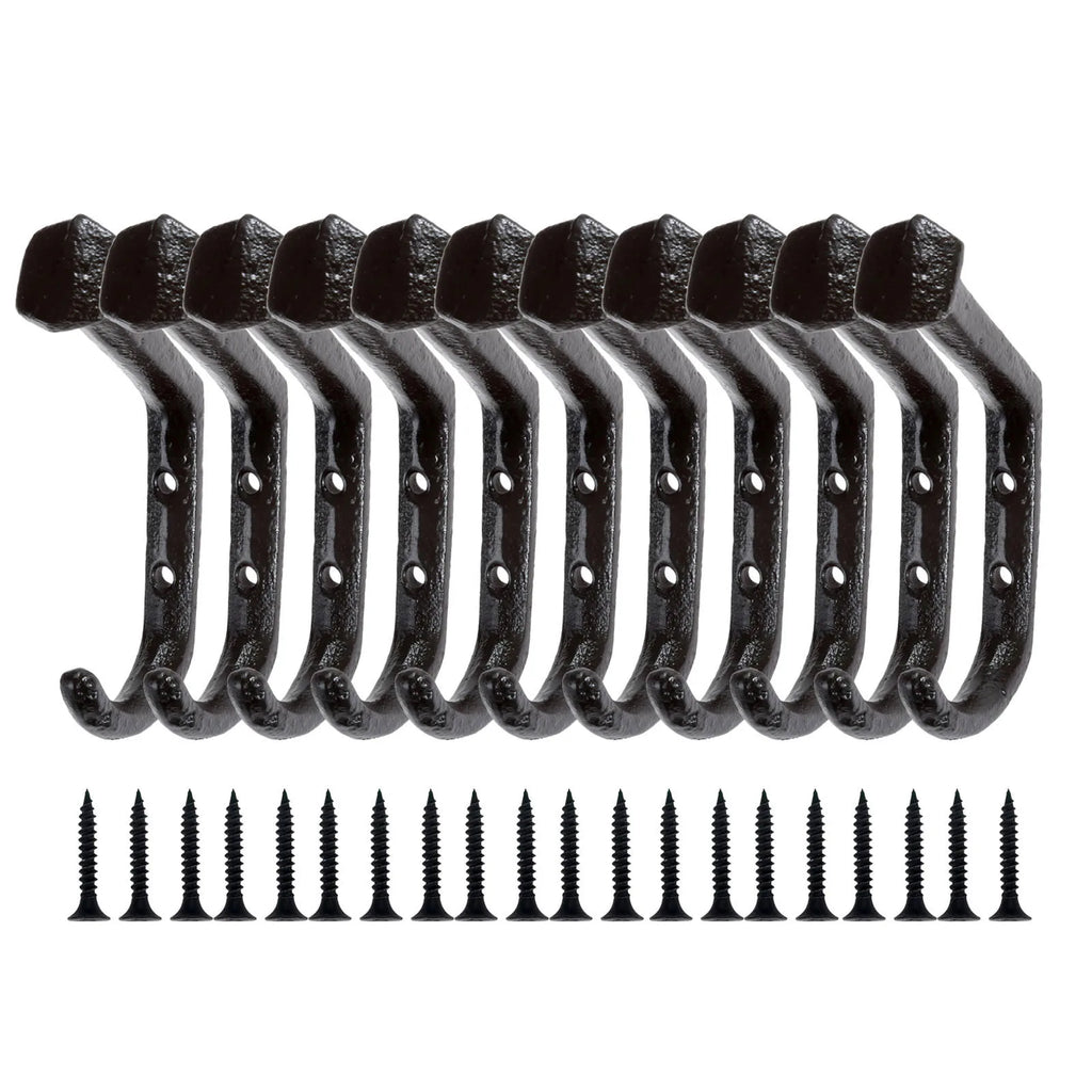 10 Pack Cast Iron Wall Hooks Heavy Duty Rustic Coat Hooks for Clothes Hats Bags and Towels – Black